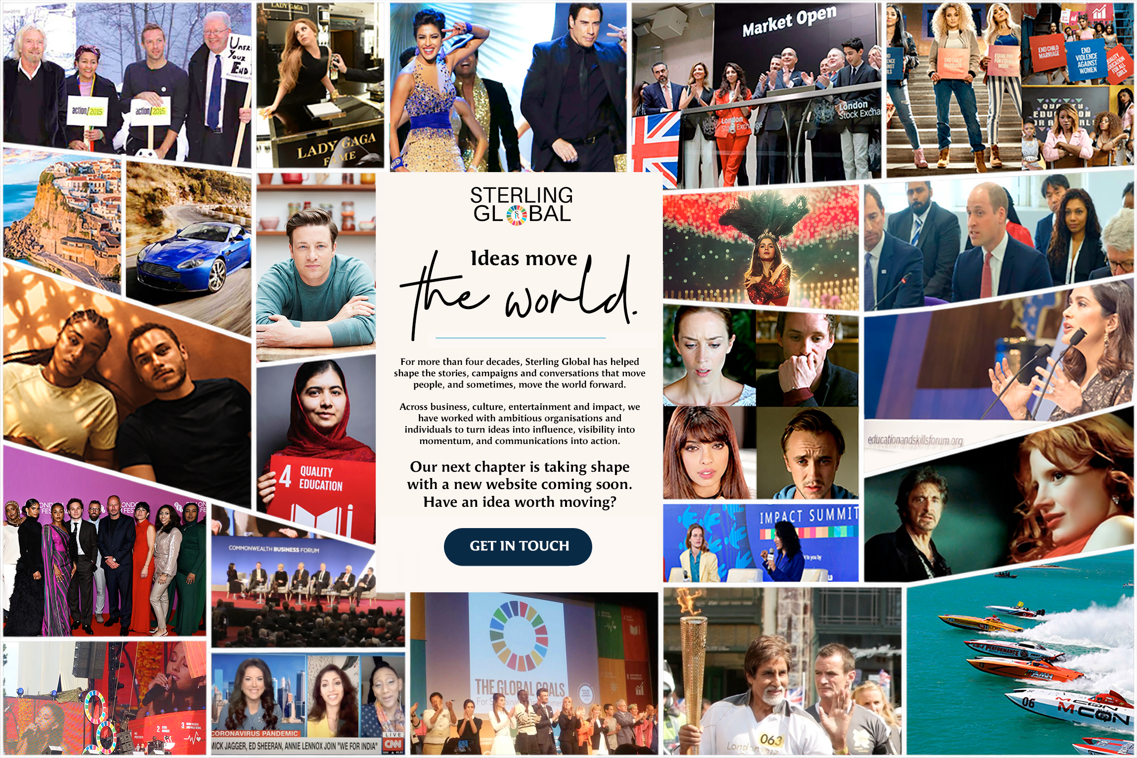 Sterling Global editorial photo collage with the message Ideas move the world.